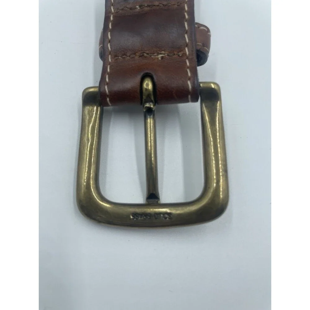 *Orvis* Mens Belt Brown Leather~Canvas~blue Strip Braided Woven 52XH USA Size 40